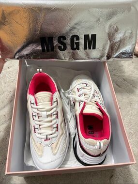 MSGM Women White Sneakers with Hot Pink Interior